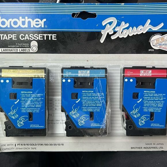 Brother P-Touch Tape Cassette 3 pack TC-30 Gold Blue Red On Clear NIB - Picture 1 of 2